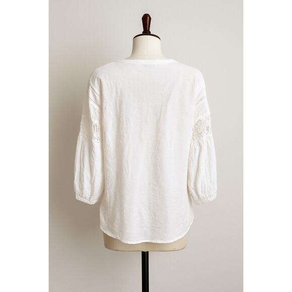 Sundance Victorian White Richelieu Crinkle Blouse Lace Accents Cotton blend Med - Picture 3 of 8